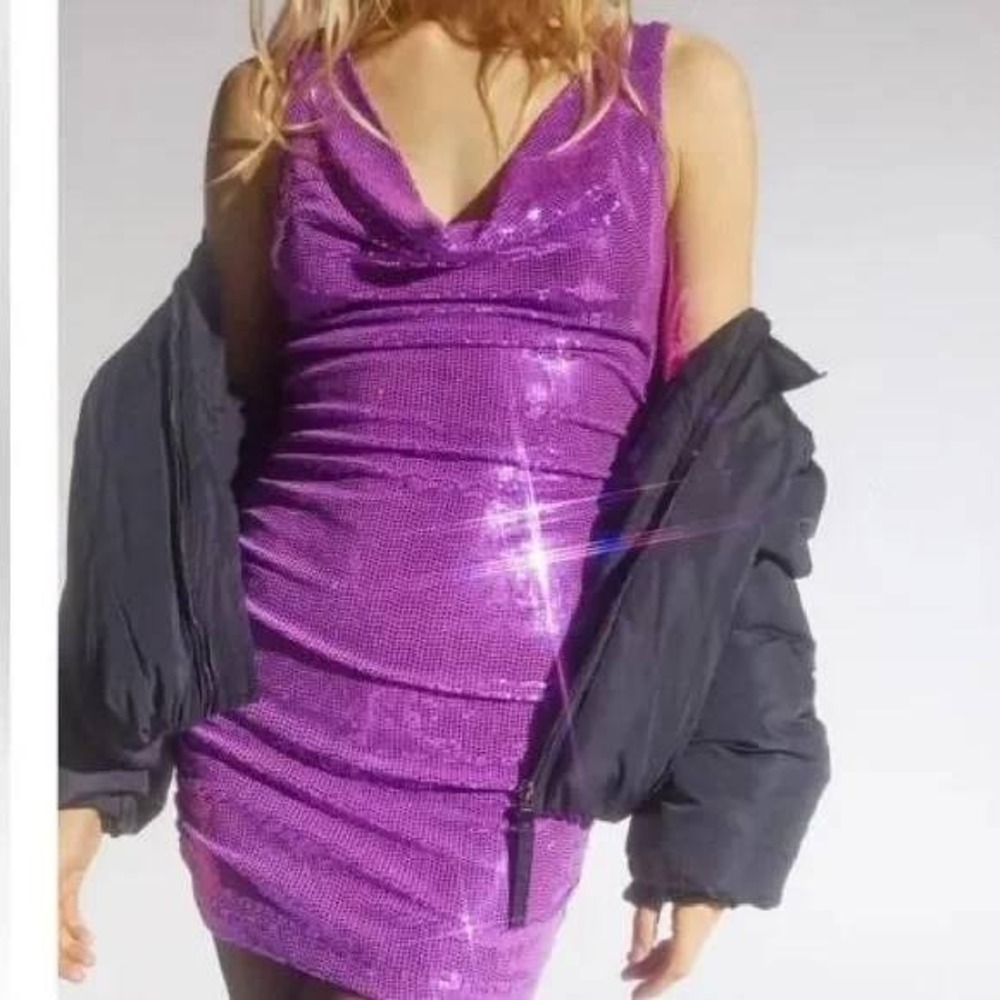 Urban Outfitters Magenta Purple Sequin Cowl Neck‎ Ruched Mini Dress Small